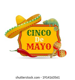Cinco de Mayo vector icon with traditional mexican symbols sombrero hat, chameleon, maracas and red hot chili jalapeno pepper. Cartoon Cinco de Mayo national holiday of Mexico isolated badge or label