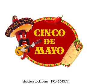 Cinco de Mayo Vektorsymbol. Mariachi Chilischoten in sombrero spielen Gitarre, Burrito und rotes Jalapeno. mexikanischer roter Pfeffer mit Schnurrbart, der Musik spielt. Einzelkartoon Cinco de Mayo Label