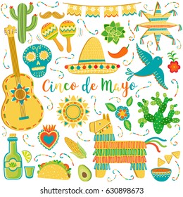 Cinco de Mayo vector icon set. Food, sombrero, pinata, guitar, cactus flowers, decoration