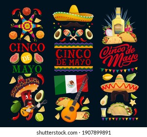 Cinco de Mayo vector icons pinata, clove flower and mariachi jalapeno pepper musician with mustache in sombrero playing guitar. Maracas, fruits, tequila with lime, flag. Mexican food and lettering set