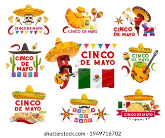 Cinco de Mayo Vektorsymbole pinata, Jalapeno Pfeffer Schnurrbart Musiker in sombrero spielen Gitarre. Maracas, Tequila mit Kalk, Fahne. mexikanische Essenstakos, Enchiladas, einzelne Embleme mit Typografie-Set