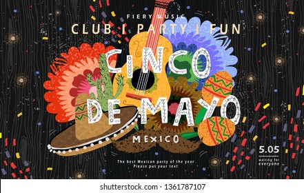 Cinco de mayo! Vector illustration for mexican holiday  concept for banner  cover  poster  party flyer  Drawings guitar  sombrero  maracas  cactus   flowers