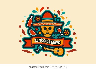 Cinco De Mayo Vector Illustration Sticker With Skull using Sombrero And Some Mexican Elements.