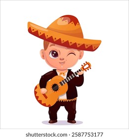 Cinco de mayo. Vector illustration of a child with a guitar on Cinco De Mayo holiday