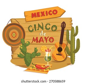 Cinco de Mayo. Vector illustration with traditional Mexican symbols.