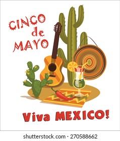 Cinco de Mayo. Vector illustration with traditional Mexican symbols.