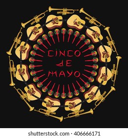 Cinco de Mayo vector illustration. 5 of May holiday vector. Cinco de Mayo holiday banner. Cinco de Mayo banner with maracas, guitar, and chill pepper, vector illustration