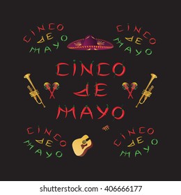 Cinco de Mayo vector illustration. 5 of May holiday vector. Cinco de Mayo holiday banner. Cinco de Mayo banner with maracas, guitar, and chill pepper, vector illustration