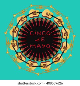 Cinco de Mayo vector illustration. Holiday Banner May 5 With Maracas, Guitar, And Pepper. Cinco de Mayo holiday banner. Cinco de Mayo holiday lettering.