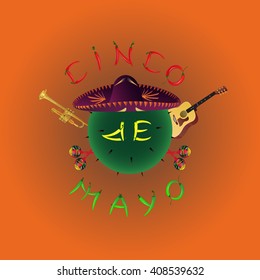 Cinco de Mayo vector illustration. Holiday Banner May 5 With Maracas, Guitar, And Pepper.  Cinco de Mayo holiday banner. Cinco de Mayo holiday lettering.