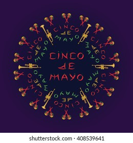 Cinco de Mayo vector illustration. 5 of May holiday vector. Cinco de Mayo holiday banner. Cinco de Mayo holiday lettering. Holiday Banner May 5 With Maracas, Guitar, And Pepper. 