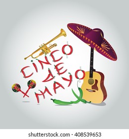 Cinco de Mayo vector illustration  Celebration May 5 banner and maracas  guitar    pepper  Cinco de Mayo holiday banner  Cinco de Mayo holiday lettering  5 May holiday vector  