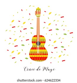 Cinco de Mayo. Vector illustration for greeting card. Multicolored guitar among confetti.