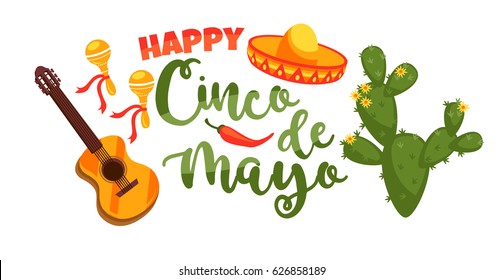 Cinco de Mayo. Vector illustration with traditional Mexican symbols. Design element for poster, banner, flyer, card. 