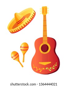 Cinco de mayo vector, isolated icons of celebration elements, sombrero hat with ornaments. Acoustic guitar instrument with flora, maracas latin culture