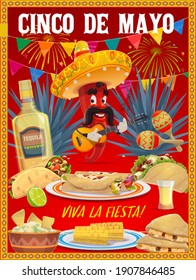 Cinco de Mayo vector Mariachi chili pepper in sombrero playing guitar. Cartoon Mexican character red jalapeno with mustaches, tequila and traditional food for viva la fiesta fiesta party celebration