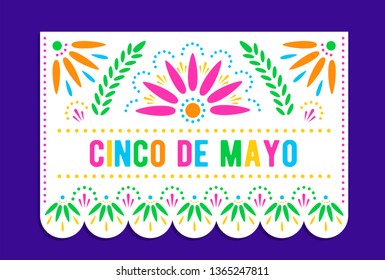 Cinco de Mayo. Vector papel picado banner with floral pattern. Mexican holiday decorations template.