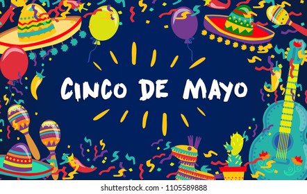 Cinco de Mayo Vector Poster Of Fiesta Elements. Mexican Attributes Sombreros, a Guitar, Cactus and decoration. Vector illustration