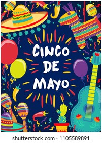 Cinco de Mayo Vector Poster Of Fiesta Elements. Mexican Attributes Sombreros, a Guitar, Cactus and decoration. Vector illustration