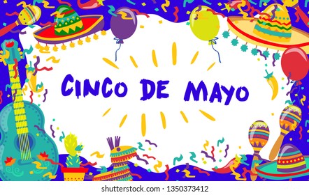 Cinco de Mayo Vector Poster Of Fiesta Elements. Mexican Attributes Sombreros, a Guitar, Cactus and decoration. Vector illustration