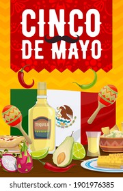 Cinco de Mayo vector poster, traditional mexican food enchiladas, nachos with guacamole, corn. Tequila, lime, chili and dragon fruit with avocado, flag. Cartoon Mexican meals, fiesta party celebration