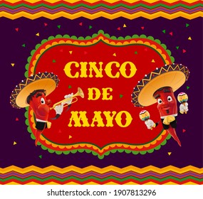 Cinco de Mayo vector poster. Mariachi band, jalapenos chili peppers in mexican sombrero playing trumpet and maracas. Cartoon characters red hot jalapenos play music for Cinco de Mayo celebration event