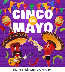 Cinco de Mayo vector poster. Mariachi band, jalapenos chili peppers in mexican sombrero playing trumpet and guitar. Cartoon characters red hot jalapenos play music for Cinco de Mayo celebration event