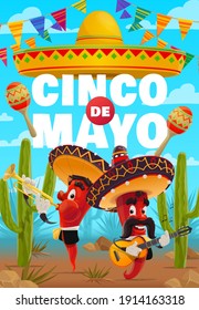 Cinco de Mayo vector poster. Cartoon red hot jalapenos characters play music for Cinco de Mayo celebration event in desert with cacti. Chili peppers in mexican sombrero playing trumpet and guitar