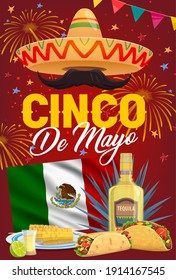 Cinco de Mayo vector poster. Mexican sombrero with mustaches, national flag, tequila with lime and shot, azul agave with tacos, corn and enchiladas garlands and fireworks. Fiesta event invitation card