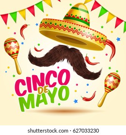 Cinco de Mayo vector realistick beautiful greeting celebration card with sombraro, mustaches, chili paper, flag garlands and confetti ,maracas for ad, promotion, poster, flyer, social media, marketing