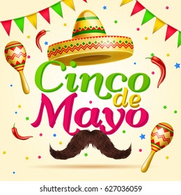 Cinco de Mayo vector realistick beautiful greeting celebration card with sombraro, mustaches, chili paper, flag garlands and confetti ,maracas for ad, promotion, poster, flyer, social media, marketing