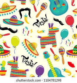 Cinco de Mayo Vector Seamles Pattern with Fiesta Elements. Mexican Attributes Sombreros, a Guitar, Cactus and decoration. Vector illustration.