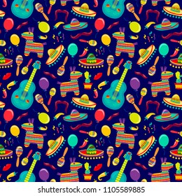 Cinco de Mayo Vector Seamles Pattern with Fiesta Elements. Mexican Attributes Sombreros, a Guitar, Cactus and decoration. Vector illustration