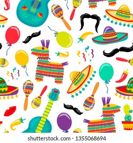 Cinco de Mayo Vector Seamles Pattern with Fiesta Elements. Mexican Attributes Sombreros, a Guitar, Cactus and decoration. Vector illustration