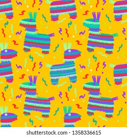 Cinco de Mayo Vector Seamles Pattern with Fiesta Elements. Mexican Attributes Sombreros, a Guitar, Cactus and decoration. Vector illustration