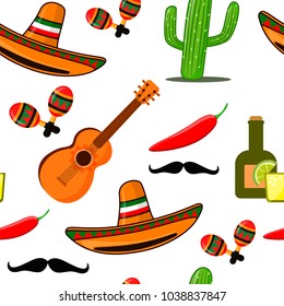 Cinco de Mayo vector seamless pattern with cactus, chili red pepper, sombrero, guitar, maracas, tequila