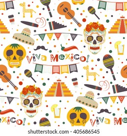 Cinco de Mayo vector seamless pattern with traditional Mexican symbols, national elements - guitar, maracas, sombrero, tequila, skull, paper banners. Travel to Mexico texture Pattern in swatches panel