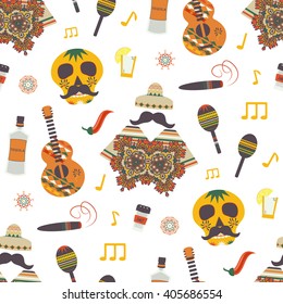 Cinco de Mayo vector seamless pattern with traditional Mexican symbols, national elements - guitar, sombrero, maracas, tequila, chili pepper, poncho, music instruments. Pattern in swatches panel