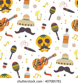 Cinco de Mayo vector seamless pattern with traditional Mexican symbols, national elements - guitar, maracas, sombrero, tequila, skull, music instruments. Pattern in swatches panel