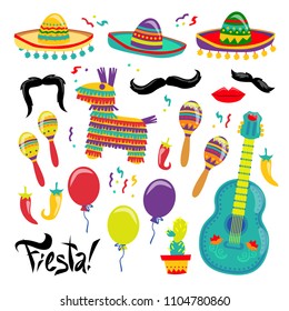 Cinco de Mayo Vector Set Of Fiesta Elements. Mexican Attributes Sombreros, a Guitar, Cactus and decoration. Vector illustration. For sticker or your poster design.