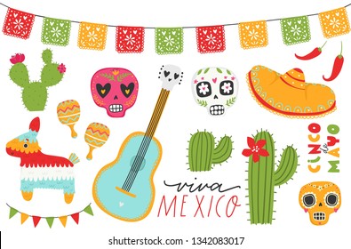 Cinco de Mayo vector set.  Isolated elements: sombreros, pinatas, a guitar, cactus flowers and decoration
