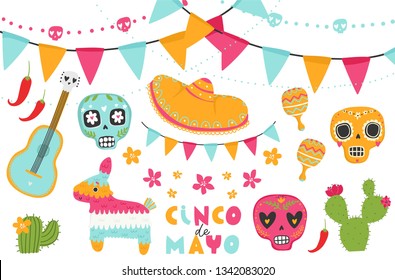 Cinco de Mayo vector set.  Isolated elements: sombreros, pinatas, a guitar, cactus flowers and decoration