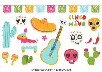 Cinco de Mayo vector set.  Isolated elements: sombreros, pinatas, a guitar, cactus flowers and decoration