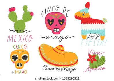 Cinco de Mayo vector set.  Isolated elements: sombreros, pinatas, a guitar, cactus flowers and decoration
