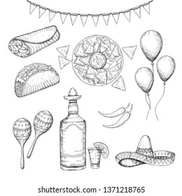 Cinco de Mayo vector Set. Hand drawn symbols - chili pepper, maracas, sombrero, nachos, tacos, burritos, tequila, balloons, flag garland isolated on white. Sketch. Mexican food and objects