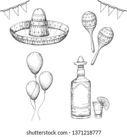 Cinco de Mayo vector Set. Hand drawn symbols - maracas, sombrero, tequila, balloons, flag garland isolated on white. Sketch. Mexican holiday objects