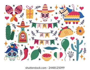 Set de Vector Cinco de Mayo. Símbolos de la fiesta mexicana - guirnalda festiva, calavera de azúcar, tequila y lima, cactus, pinata, maracas. Celebrando carnaval, fiesta. Dibujado a mano garabatos, Clipart de dibujos animados
