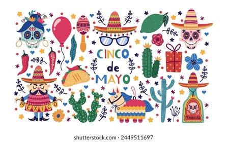 Cinco de Mayo vector set. Mexican holiday symbols - sombrero, tequila, lime, pinata, sugar skull, cactus. Man with a festive garland, maracas, taco. National carnival, fiesta. Cartoon doodle clipart