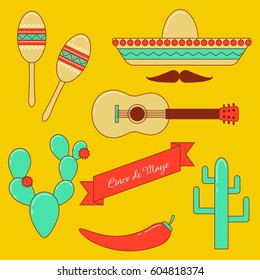 Cinco de Mayo vector set, line art design with sombrero, guitar, maracas, cactus and mustache