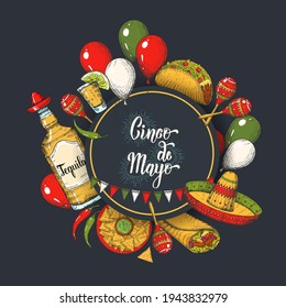 Cinco de Mayo vector template. Hand drawn symbols - chili pepper, maracas, sombrero, nachos, tacos, burritos, tequila, balloons, flag garland  on black. Sketch. Mexican food and objects
